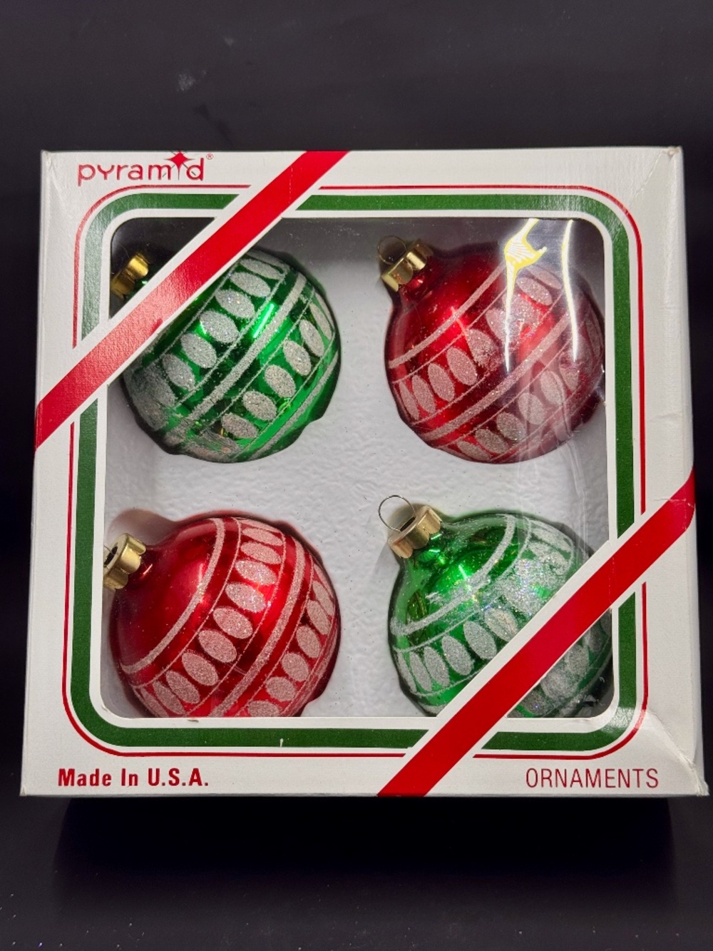 Vintage Set of Four Rauch Red and Green iridescent accents Christmas Ornaments